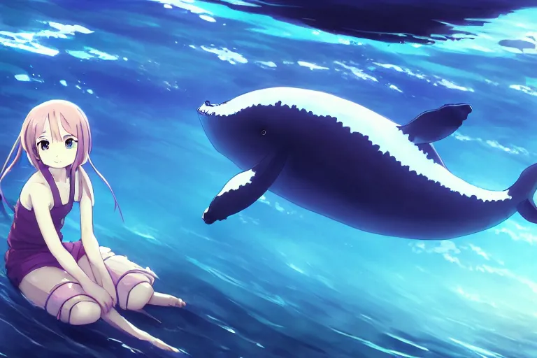 Prompt: a panorama view under the water, anime art full body portrait character concept art, hyper detailed cg rendering of a cute girl and whale, anime key visual of children of the sea, finely detailed perfect face, style of raphael lacoste, makoto shinkai, violet evergarden, studio ghibli, james jean, hayao miyazaki, extremely high quality artwork