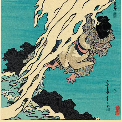 Image similar to generative dirty abstract art by katsushika hokusai, storybook illustration, cool color palette, in a symbolic and meaningful style