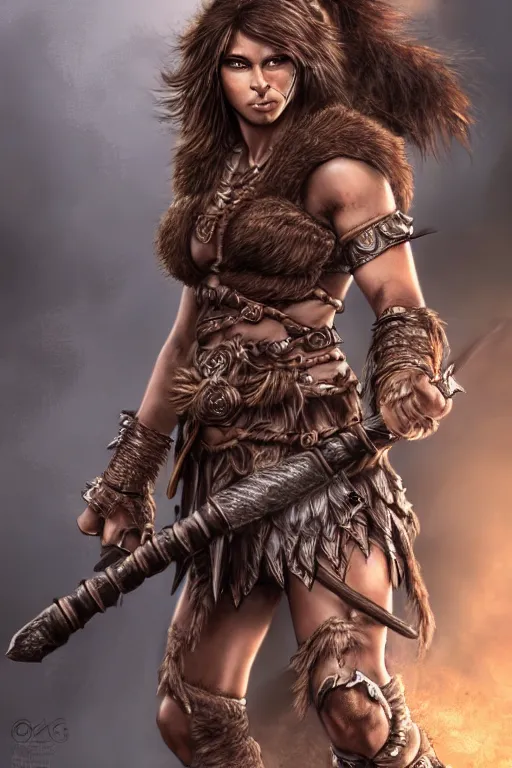 Prompt: Female barbarian, heavy brown metallic armor, beautiful, light brown messy hair, dark skin, brown eyes, detailed face, battle stance, high fantasy, extremely detailed, DND, D&D, matte painting
