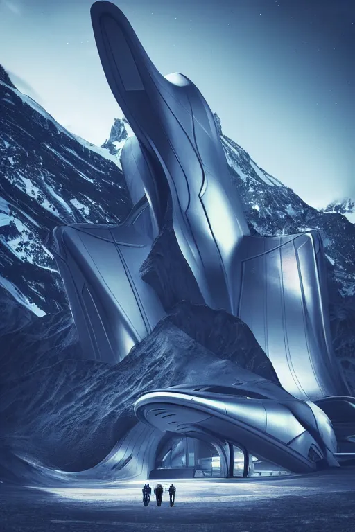 Image similar to a futuristic scene with an astronaut in front of a zaha hadid building in the french alps @ in the style of chris moore, cinematic matte painting, extreme detail photo quality, dark moody colors, featured on behance