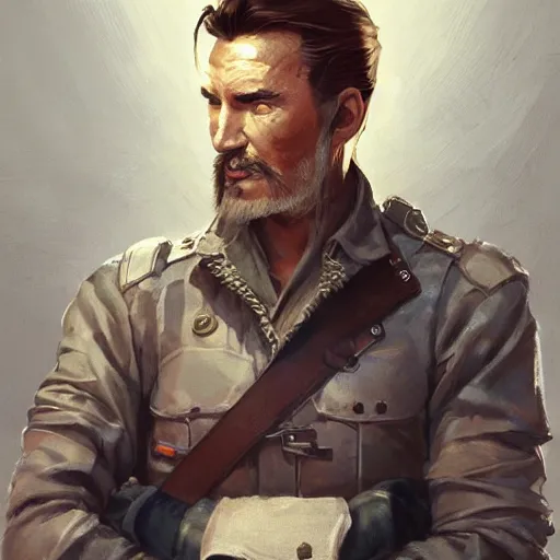 Image similar to a highly detailed epic cinematic concept art CG render digital painting artwork costume design: Errol Flynn as a 1950s sly army mechanic engineer with a thick stubble. By Greg Rutkowski, Ilya Kuvshinov, WLOP, Stanley Artgerm Lau, Ruan Jia and Fenghua Zhong, trending on ArtStation, subtle muted cinematic colors, made in Maya, Blender and Photoshop, octane render, excellent composition, cinematic atmosphere, dynamic dramatic cinematic lighting, aesthetic, very inspirational, arthouse