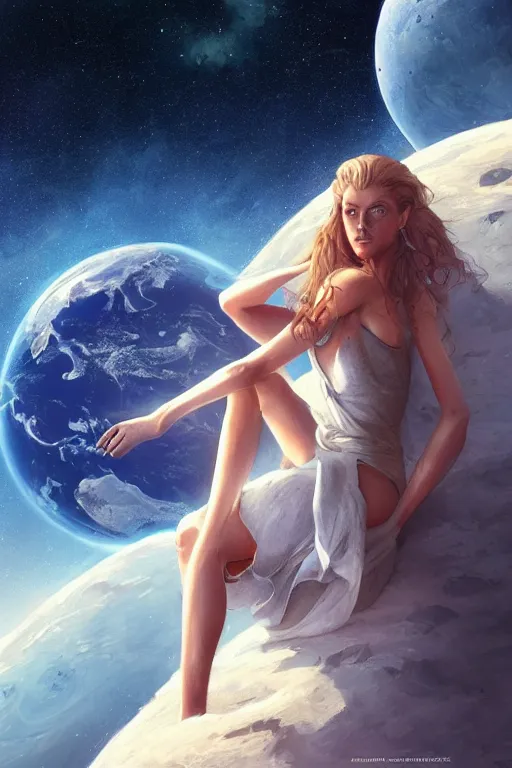 Image similar to Beautiful Supermodel sitting on the moon with a view of the earth in the background, elegant, digital painting, highly detailed, artstation, concept art, smooth, sharp focus, illustration, art by artgerm and greg rutkowski.