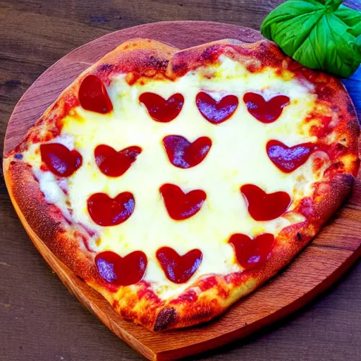 Image similar to heart shaped magerhita pizza with alot of cheese, 4 - 5 cherry tomata served on a wooden plate