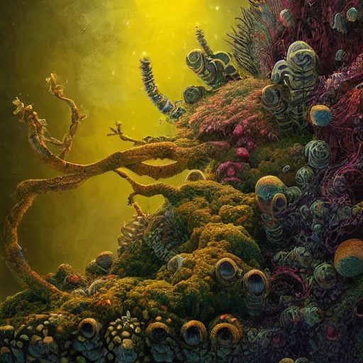 Image similar to a beautiful macro photography of moss with alien fungus, hyper detailed, warm volumetric lights, made by gerald brom and mike winkelmann, victo ngai, geof darrow, peter mohrbacher, johfra bosschart, miho hirano.