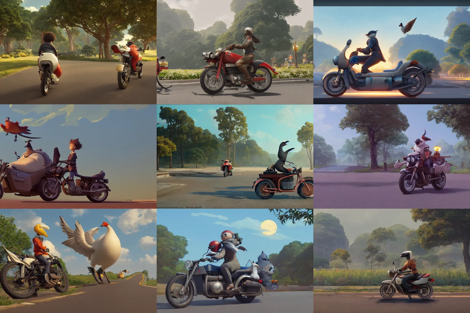 Prompt: a wholesome goose riding a motorcycle, studio Ghibli, Pixar and Disney animation, sharp, Rendered in Redshift and Unreal Engine 5 by Greg Rutkowski, Bloom, dramatic lighting