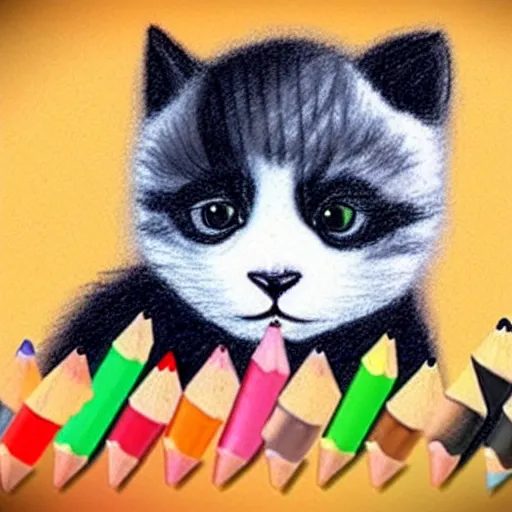Image similar to child crayon drawning of a cute kitten with panda body and cat face