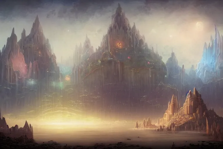 Prompt: surrealist landscape of myst and riven style atlantis with floating temples, glistening towers and a celestial palace. a dreamy matte digital painting by peter mohrbacher. fibonacci composition, bokeh, vivid tones.