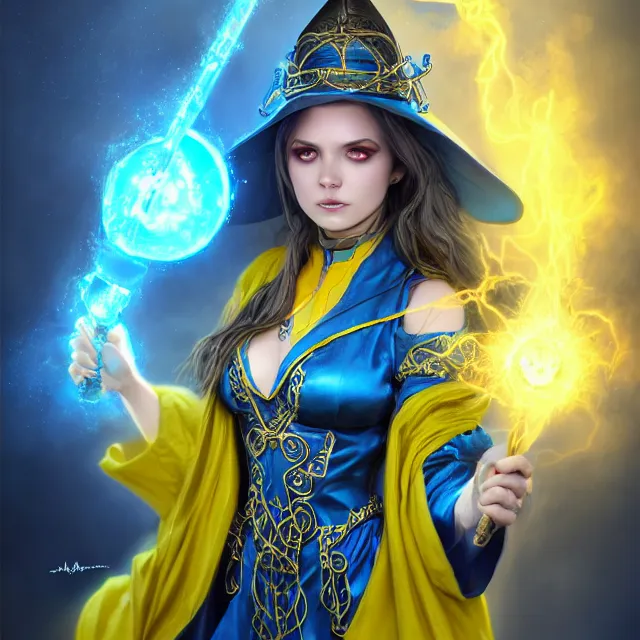 Prompt: beautiful elemental electric witch with ornate blue andyellow robes and staff, highly detailed, 4 k, hdr, smooth, sharp focus, high resolution, award - winning photo, artgerm, photorealistic