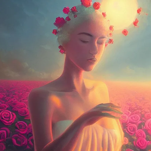 Prompt: closeup, huge rose flower head, frontal, a girl with suit, surreal photography, sunrise, dramatic light, impressionist painting, digital painting, artstation, simon stalenhag