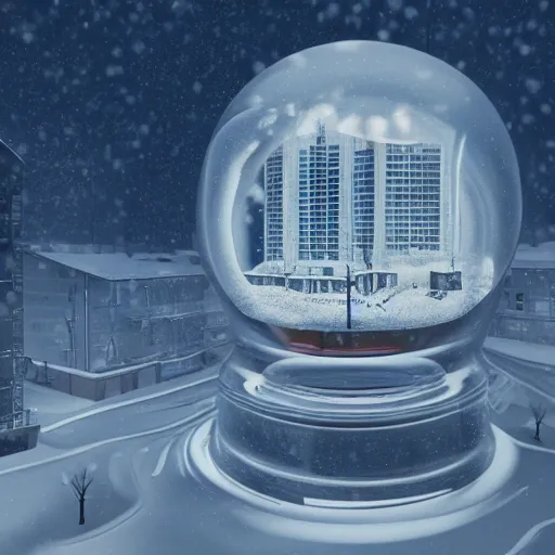 Image similar to a snow globe with a soviet apartment building in it, rending on cgsociety, retrofuturism, tesseract, isometric, physically based rendering, 1 9 9 0's