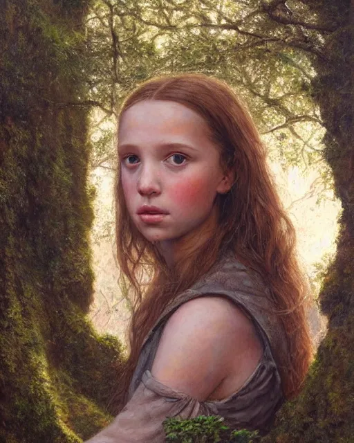 Image similar to a well - lit, realistic oil painting portrait of a girl resembling a young, shy, redheaded irish alicia vikander or millie bobby brown in moss - covered ancient stone ruins at sunset, highly detailed, intricate, concept art, artstation, by donato giancola, ron cobb, and artgerm