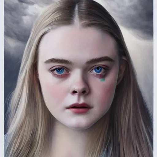 Image similar to professional painting of Elle Fanning in the style of David Ligare, head and shoulders portrait, symmetrical facial features, smooth, sharp focus, illustration, intricate, stormy weather, extremely detailed masterpiece,