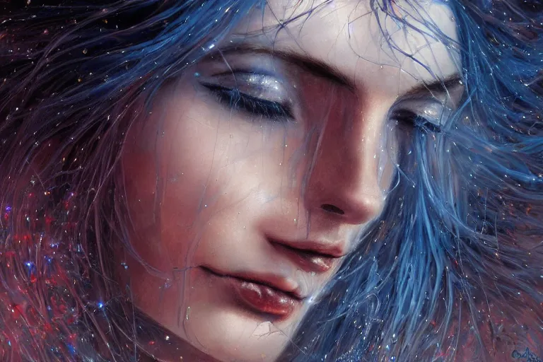 Image similar to masterpiece goddess of sorrow, realistic portrait, 3 0 years woman, melancholic face, long hair, digital painting by louis royo and julie bell, dark tenebrous blue background, one third composition, cinematic light, aura effect, some chaotic sparkles, wind, unreal engine, artstation, deviantart, pinterest