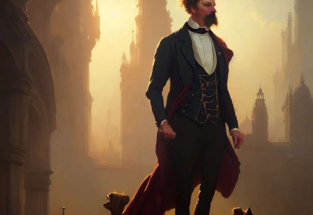 Image similar to portrait of a victorian politician, wearing a waistcoat, victorian, high detail, well lit, volumetric, godrays, vivid, trending on artstation, digital painting by jordan grimmer, art greg rutkowski