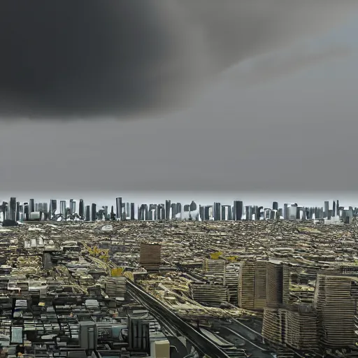 Prompt: Clouds rolling in over a cityscape, with the skyline visible in the distance, rendered in 3D.