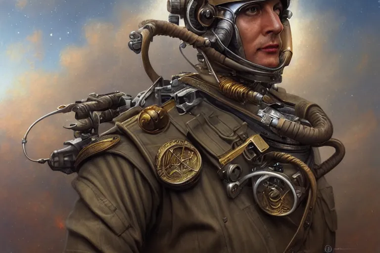 Image similar to portrait shot of ww 1 astronaut, intricate, elegant, highly detailed, centered, digital painting, artstation, concept art, smooth, sharp focus, illustration, artgerm, tomasz alen kopera, peter mohrbacher, donato giancola, joseph christian leyendecker, wlop, boris vallejo