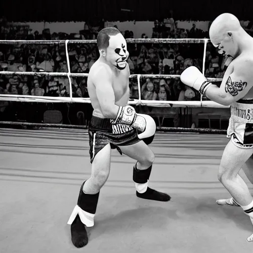 Prompt: photo of clowns boxing in the ring, clown makeup, clown makeup, circus clowns, clowns, a clown throwing a punch, hbo showtime, sports photography