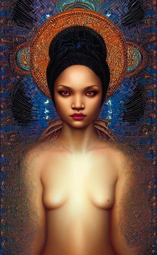 Prompt: black goddess seeking wisdom, silk, serenity, scarf, ( byzantine mosaics art ) by ilya kuvshinov, tom bagshaw, james jean, victo ngai, ryohei hase, thomas kinkade, elegant