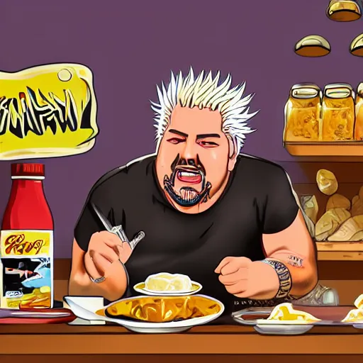 Prompt: Guy Fieri drowning himself in gravy sauce in flavor town, 4k, food, sauce, gravy