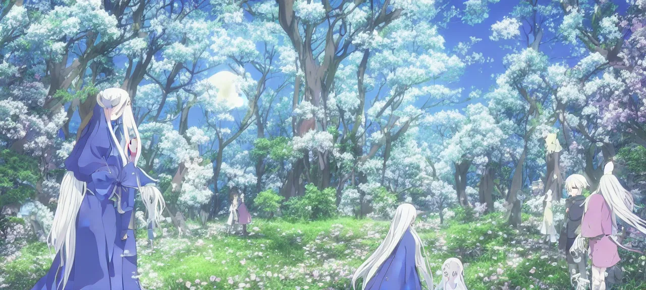 Image similar to illyasviel walking through enchanted ghibli clover | Big Moon at Blue Night | Trees with white flowers | bioluminescent blue FLOWERS | strong blue rimlit | visual-key | anime illustration | highly detailed High resolution | Light Novel | Visual Novel | In the style of Miyama-Zero, Yuuki Hagure