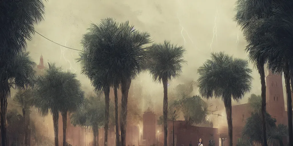 Prompt: thunderstorm in marrakech, palm trees, moroccan mosque, wlop, james jean, tom bagshaw, rococo, trending on artstation, fantasy, intricate, elegant, highly detailed, digital painting, concept art, smooth, illustration, cinematic lighting, hyper realism, octane render, 8 k, hyper detailed.