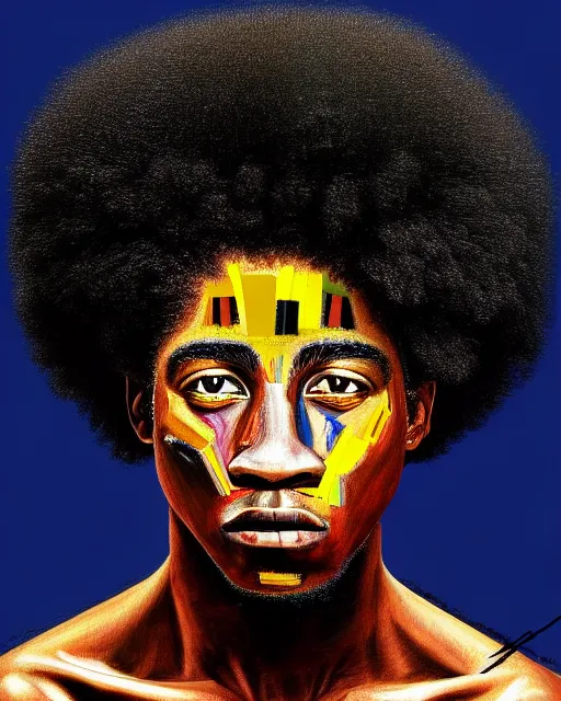 Image similar to A extremely ultra highly detailed majestic hi-res beautiful immaculate head and shoulders award winning painting stunning masterpiece of the face of a strong black african warrior man with an afro by Jean-Michel Basquiat, 8k, high textures, ultra hyper sharp, insanely detailed and intricate, super detailed, 8k HDR ultra high quality