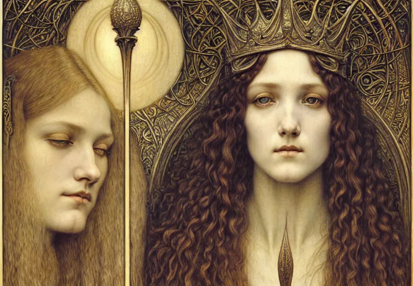 Image similar to detailed realistic beautiful young medieval queen face portrait by jean delville, gustave dore and marco mazzoni, art nouveau, symbolist, visionary, gothic, pre - raphaelite. horizontal symmetry