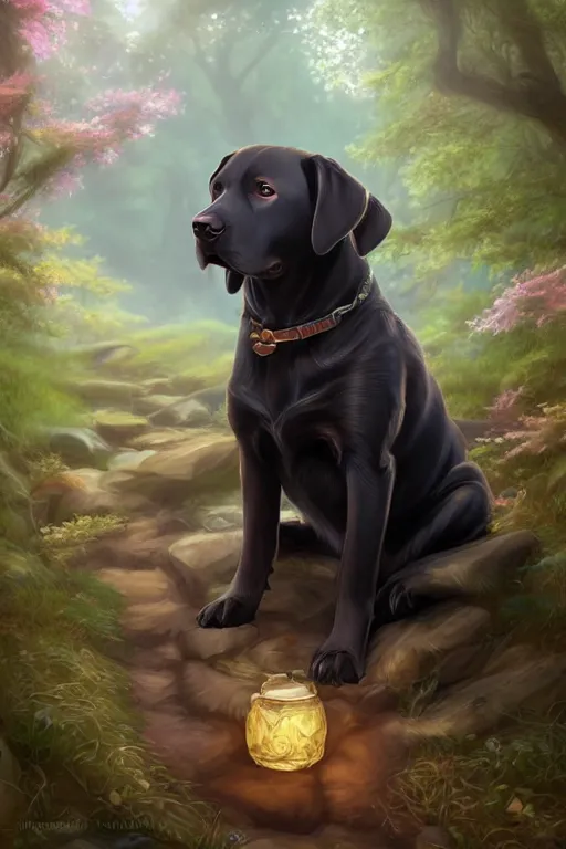 Prompt: a cute labrador retriever in the dreamy forest, fantasy, 8 k resolution, hyper detailed, d & d, character design, digital painting, trending on artstation, sharp focus, illustration, art by artgerm, steve zheng, fuji choko, viktoria gavrilenko, hoang lap