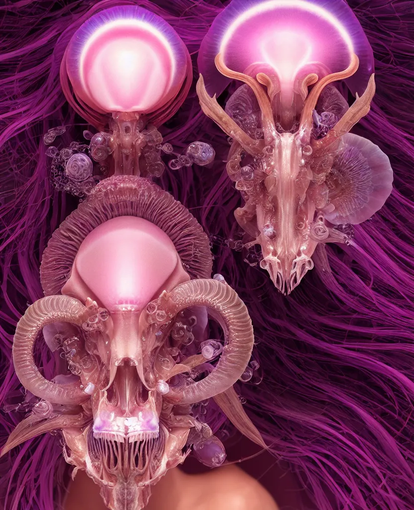 Image similar to goddess princess face close-up portrait ram skull. jellyfish phoenix head, nautilus, orchid, skull, betta fish, bioluminiscent creatures, intricate artwork by Tooth Wu and wlop and beeple. octane render, trending on artstation, greg rutkowski very coherent symmetrical artwork. cinematic, hyper realism, high detail, octane render, 8k