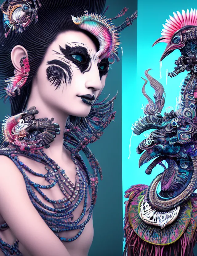 Image similar to 3 d photo realistic goddess close - up profile portrait punk with mohawk with ram skull. beautiful intricately detailed japanese crow kitsune mask and clasical japanese kimono. betta fish, jellyfish phoenix, bio luminescent, plasma, ice, water, wind, creature, artwork by tooth wu and wlop and beeple and greg rutkowski