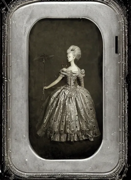 Image similar to old wetplate daguerreotype frame portrait of a futuristic silver armored young looking marie antoinette cyborg, fractal, intricate, elegant, highly detailed, subsurface scattering, by jheronimus bosch and greg rutkowski and louis jacques mande daguerre