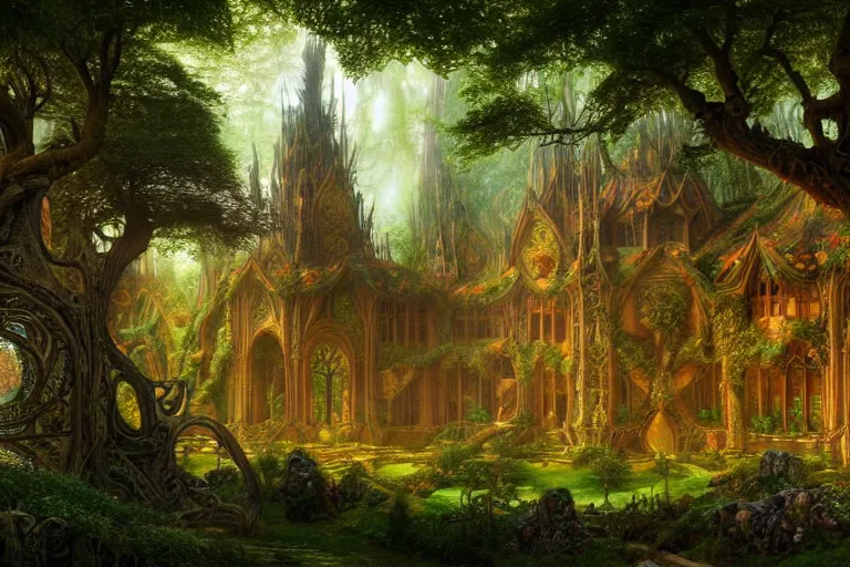 Image similar to a beautiful and highly detailed digital painting of an elven palace in a beautiful mystical forest, faerie realm, psychedelic patterns, celtic designs, intricate details, epic scale, hyperdetailed, artstation, cgsociety, 8 k, sharp focus, by caspar friedrich, albert bierstadt, james gurney, brian froud,