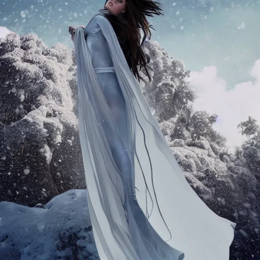 Image similar to tall female angel, ana de armas, flowing robes, shroud, veil, ornate armor, standing on a snowy ruined temple
