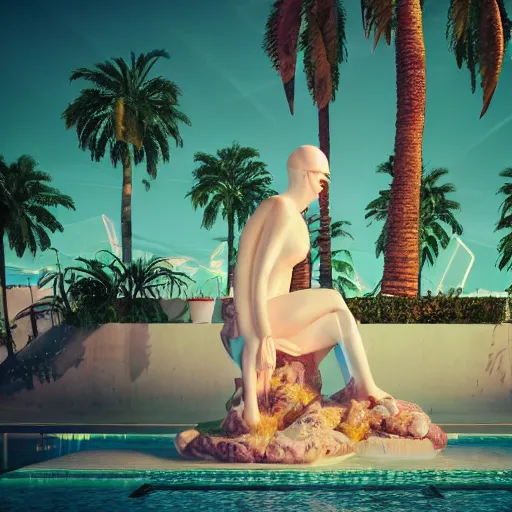 Image similar to a broken statue in a surreal underground white tiled swimming pool surrounded by neon lights and palm trees in vapor wave style, trending on artstation, 3D octane render, hyperrealistic, dramatic lighting, unreal engine, glowy, 8k, 4k, raytracing