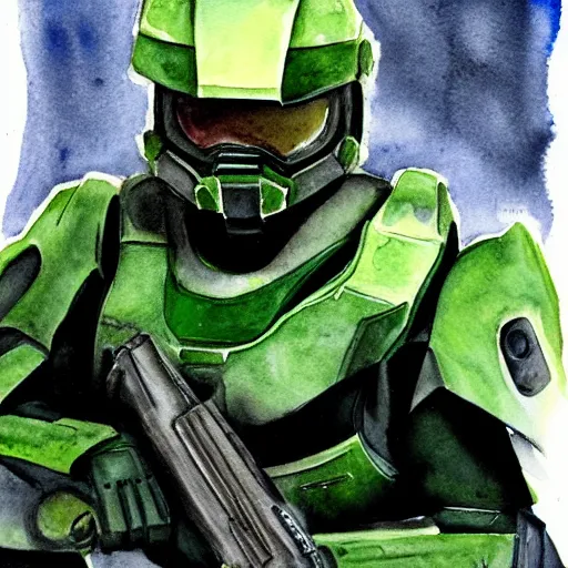 Prompt: portrait of master chief holding battle rifle watercolor - n 9