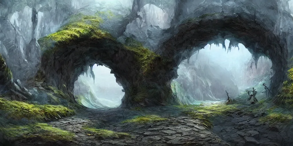 Image similar to beautiful matte painting of a fantasy cave entrance