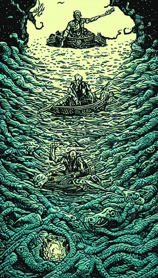 Image similar to man on boat crossing a body of water in hell with creatures in the water, sea of souls, by dan mumford