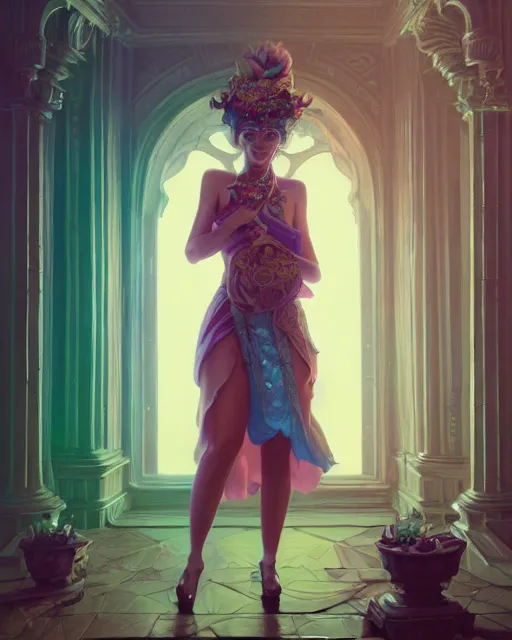 Image similar to highly detailed surreal vfx portrait of a female candypunk mage in a majestic castle by golden tree, stephen bliss, unreal engine, greg rutkowski, loish, rhads, beeple, makoto shinkai and lois van baarle, ilya kuvshinov, rossdraws, tom bagshaw, alphonse mucha, global illumination, detailed and intricate environment