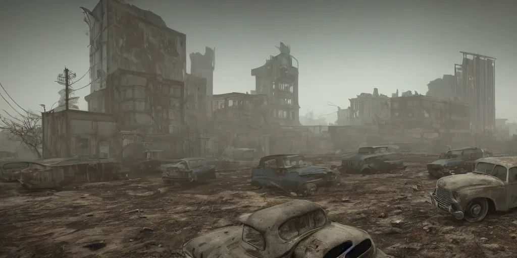 Image similar to wide angle shot of dilapidated fallout 5 city in real life, desolate dilapidated overgrown town, empty streets, nightmarish, some rusted retro futuristic fallout style parked cars and trucks, overcast, blankets of fog pockets, rain, volumetric lighting, beautiful, daytime, spring, sharp focus, ultra detailed, cgsociety