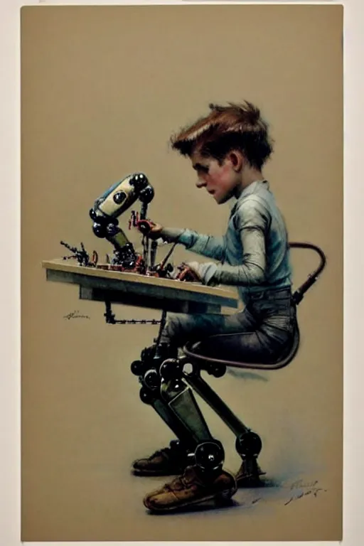 Image similar to (((((1950s a boy working on his robot . muted colors.))))) by Jean-Baptiste Monge !!!!!!!!!!!!!!!!!!!!!!!!!!!