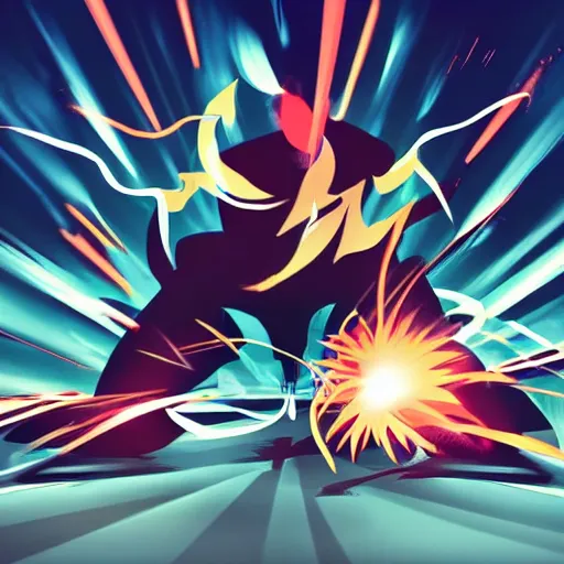 Image similar to man hitting the ground creating a explosion, anime, album cover, musical notes