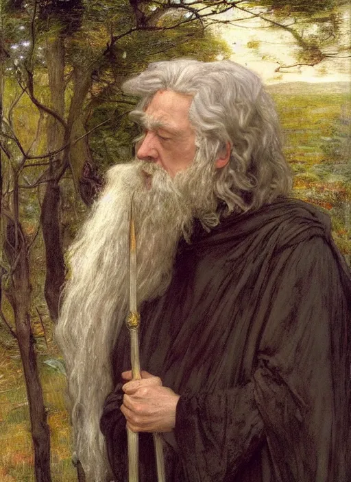 Image similar to a beautiful painting of gandalf by John Everett Millais and Dante Gabriel Rossetti and John Collier and john william waterhouse, pre-raphaelite, detailed, trending on artstation, hd, masterpiece