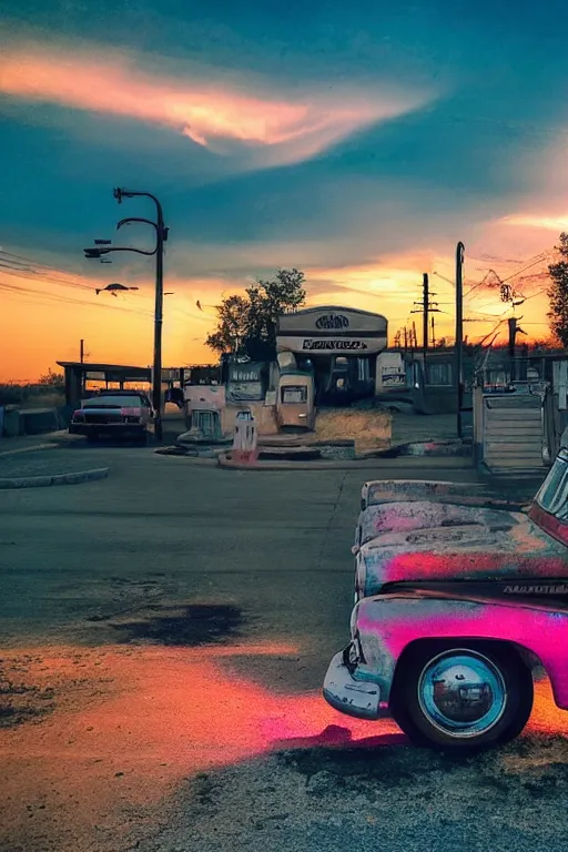 Image similar to a sunset light landscape with historical route 6 6, lots of sparkling details and sun ray ’ s, blinding backlight, smoke, volumetric lighting, colorful, octane, 3 5 mm, abandoned gas station, old rusty pickup - truck, beautiful epic colored reflections, very colorful heavenly, softlight