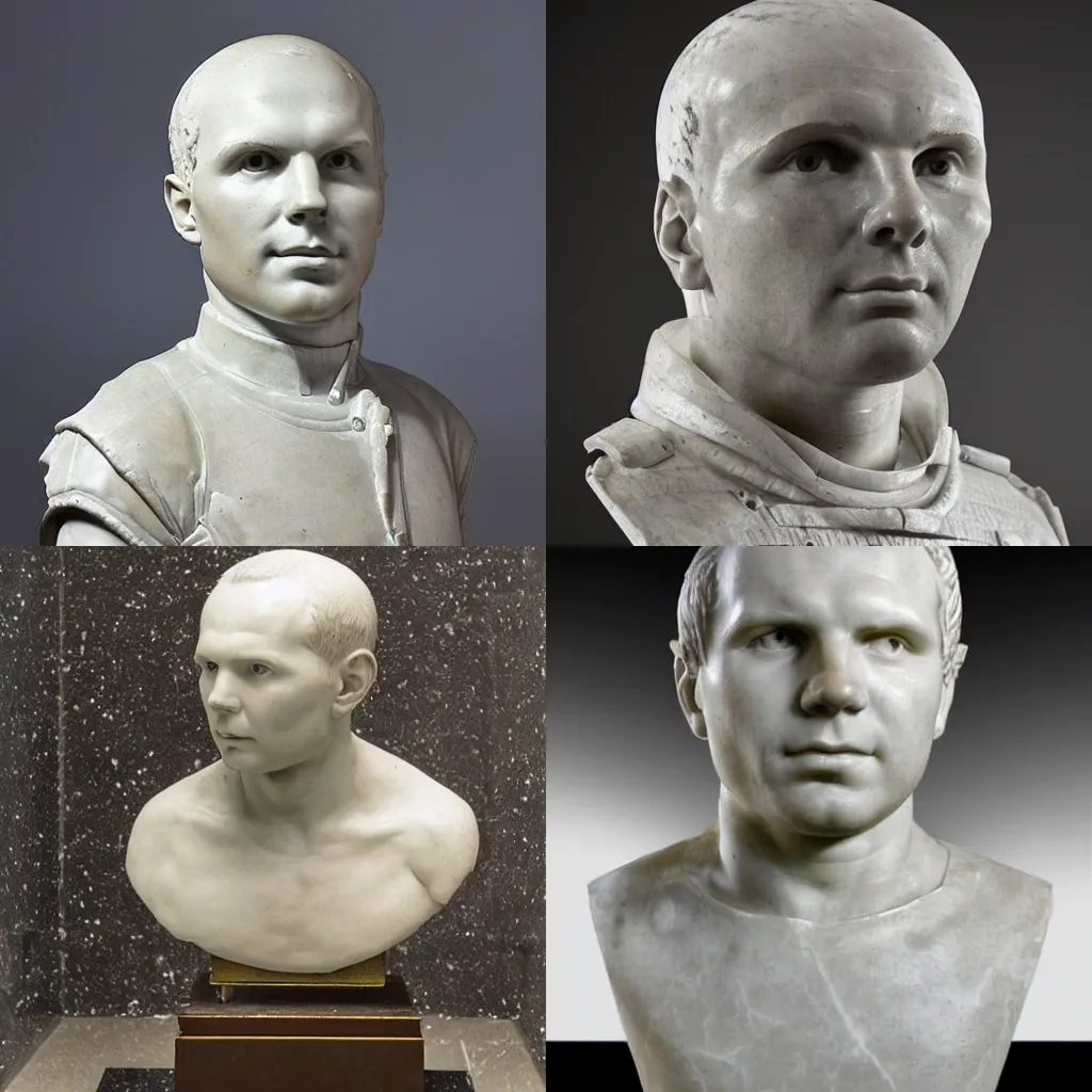 Prompt: 18th century historical marble sculpture of Yury Gagarin first space flight, Hermitage museum catalog photography,