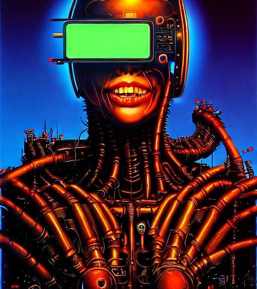 Prompt: portrait of raven, cybertronic gadgets, flesh with technology, durty colours, night, rotten textures, rusty shapes, biotechnology, dariusz zawadzki, tim hildebrandt, wayne barlow, bruce pennington, larry elmore, oil on canvas, deep depth field, masterpiece, cinematic composition, hyper - detailed, hd, hdr