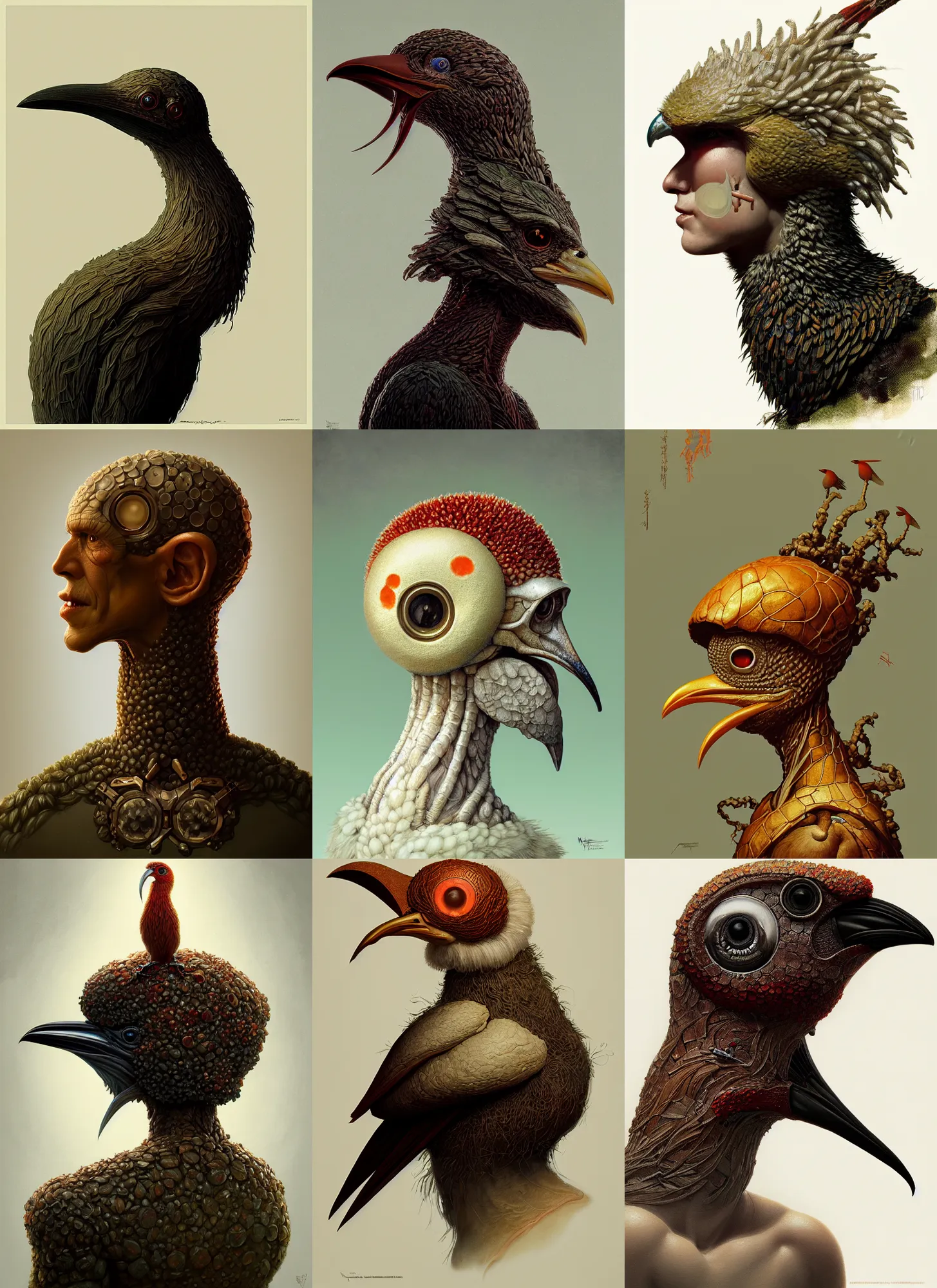 Prompt: rpg! profile! portrait of a fungus humanoid bird on white background, beak, intricate, highly detailed, digital painting, artstation, concept art, smooth, sharp focus, illustration, art by norman rockwell ponzi remnev lossel currin jasinski albright hsiao - ron cheng, 8 k