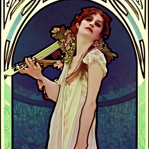 Prompt: Phish Playing Music for a small audience art by alphonse mucha and Monia Merlo and Raymond Swanland