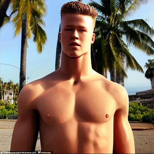 Image similar to a realistic detailed photo of a guy who is an attractive humanoid who is half robot and half humanoid, who is a male android, football player christian mccaffrey, shiny skin, posing like a statue, blank stare, by the beach, on display