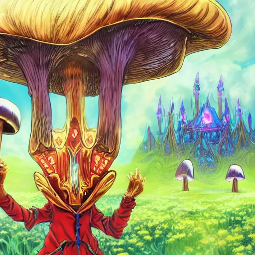 Image similar to anime 4 k headshot portrait of a psychedelic demonic anthropomorphic insect knight with mushroom themed clothes, magic mushroom village in background by jeff easley, award winning, stylized neon, post - processing, masterpiece, superb resolution. in the art style of junji ito and greg rutkowski. detailed mushroom city in background. hyper realistic anime. perfect art. dalle 2