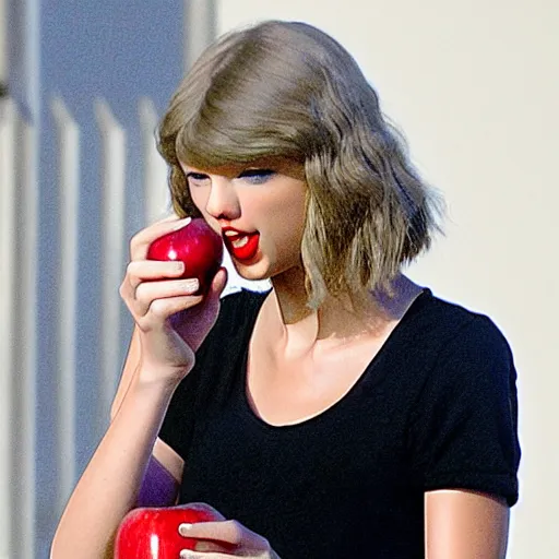 Image similar to taylor swift eating an apple, detailed, clean, realistic